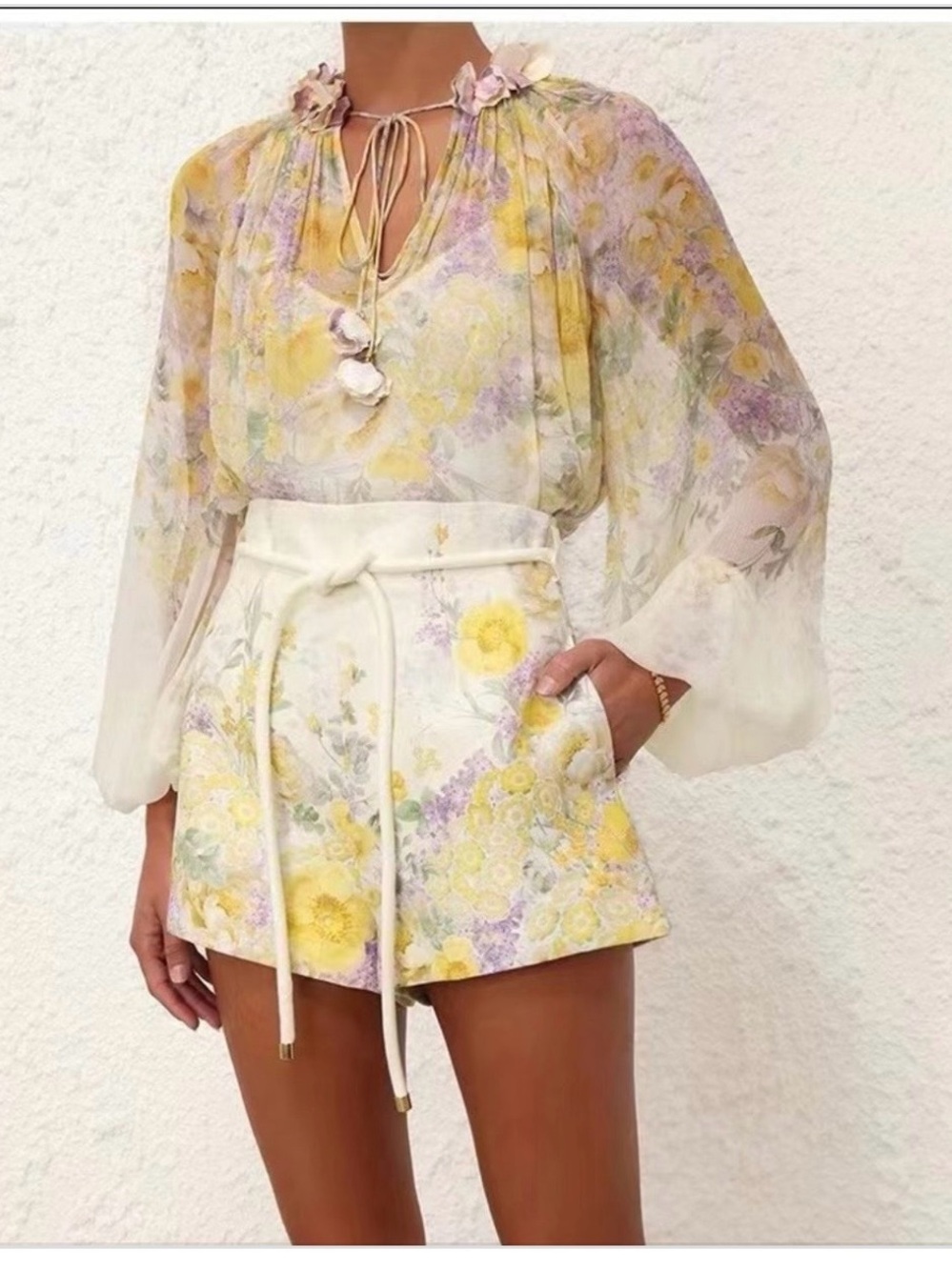 Floral Sheer Blouse and High-Waist Shorts Set - Yellow & Lavender